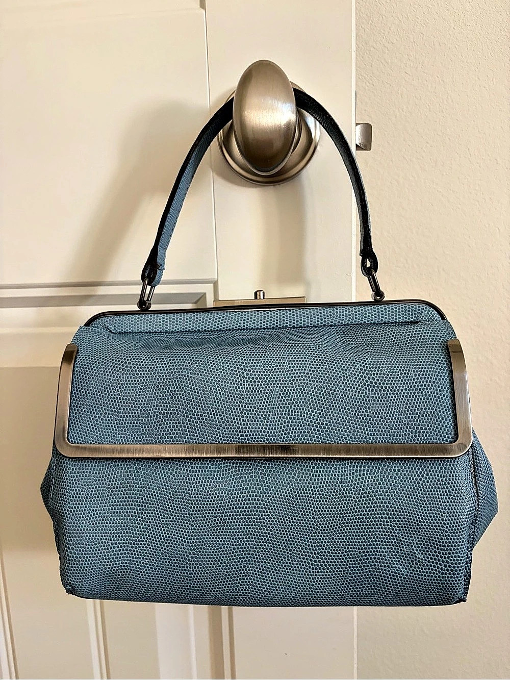 Patricia Nash Clira Leather Frame Satchel-Safflower Blue Lizard-NWT